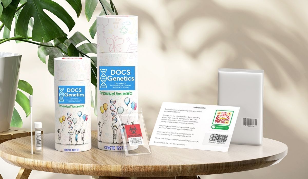 DOCS Genetics product packaging on a table with a plant in the background
