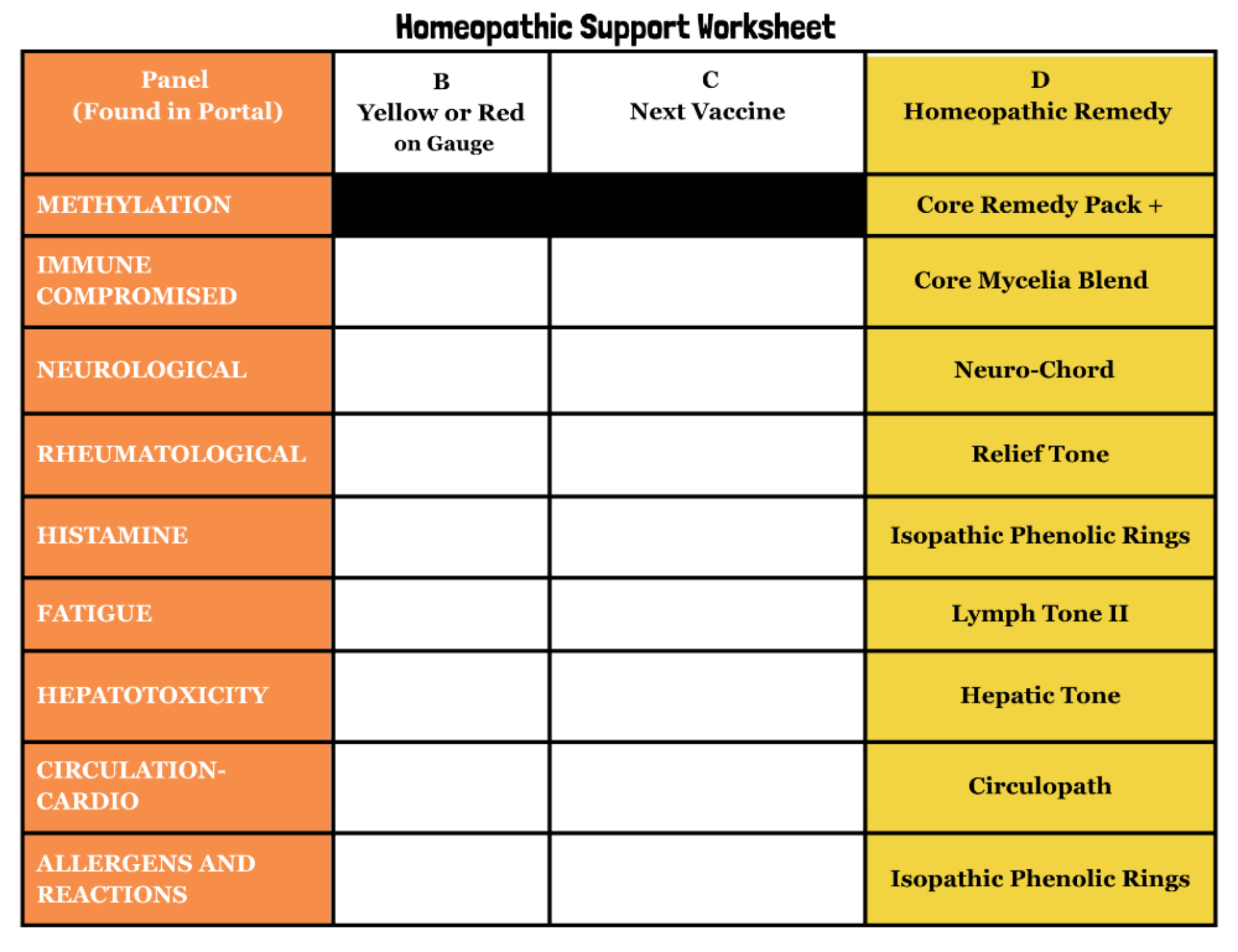 Homeopathic Support Worksheet with various panels and remedies listed.