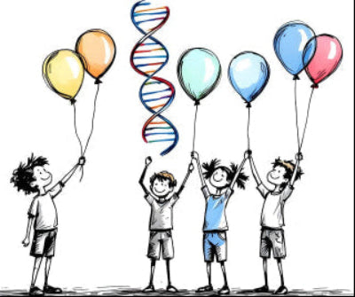 kids with balloons and dna symbol above