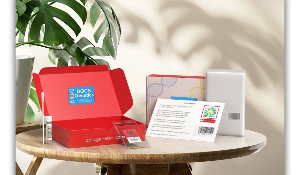 Doc's Genetics DNA testing kit on a table with a plant in the background