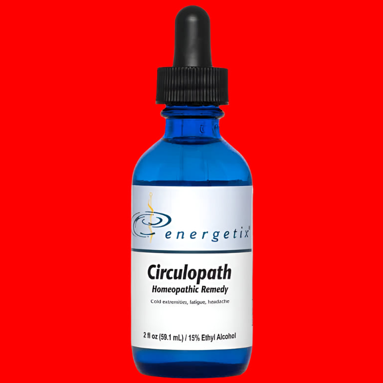 Blue bottle with dropper labeled 'energetix Circulopath' on a red background
