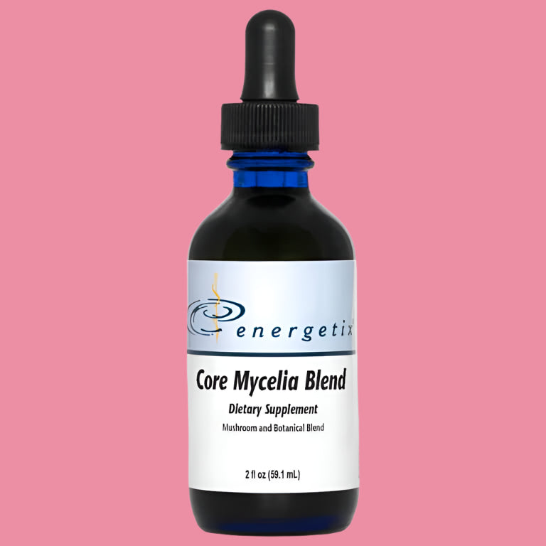 Bottle of Energetix Core Mycelia Blend dietary supplement on a pink background