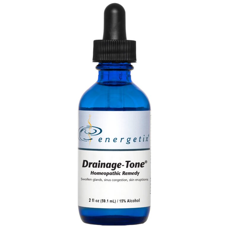 Blue bottle of energetix Drainage-Tone Homeopathic Remedy with dropper on a white background