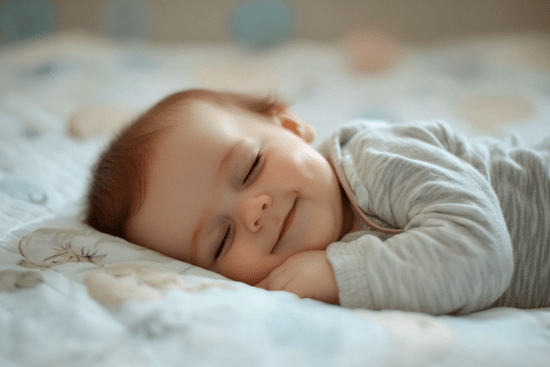 Baby smiling lying on a soft surface with a blurred background
