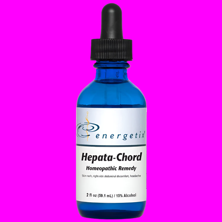Blue dropper bottle of Energetix Hepata-Chord on a purple background