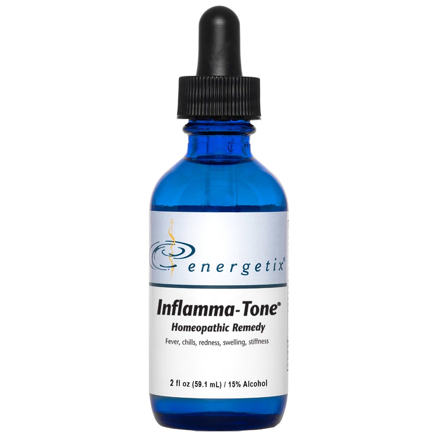 Blue bottle of energetix Inflamma-Tone homeopathic remedy on a white background