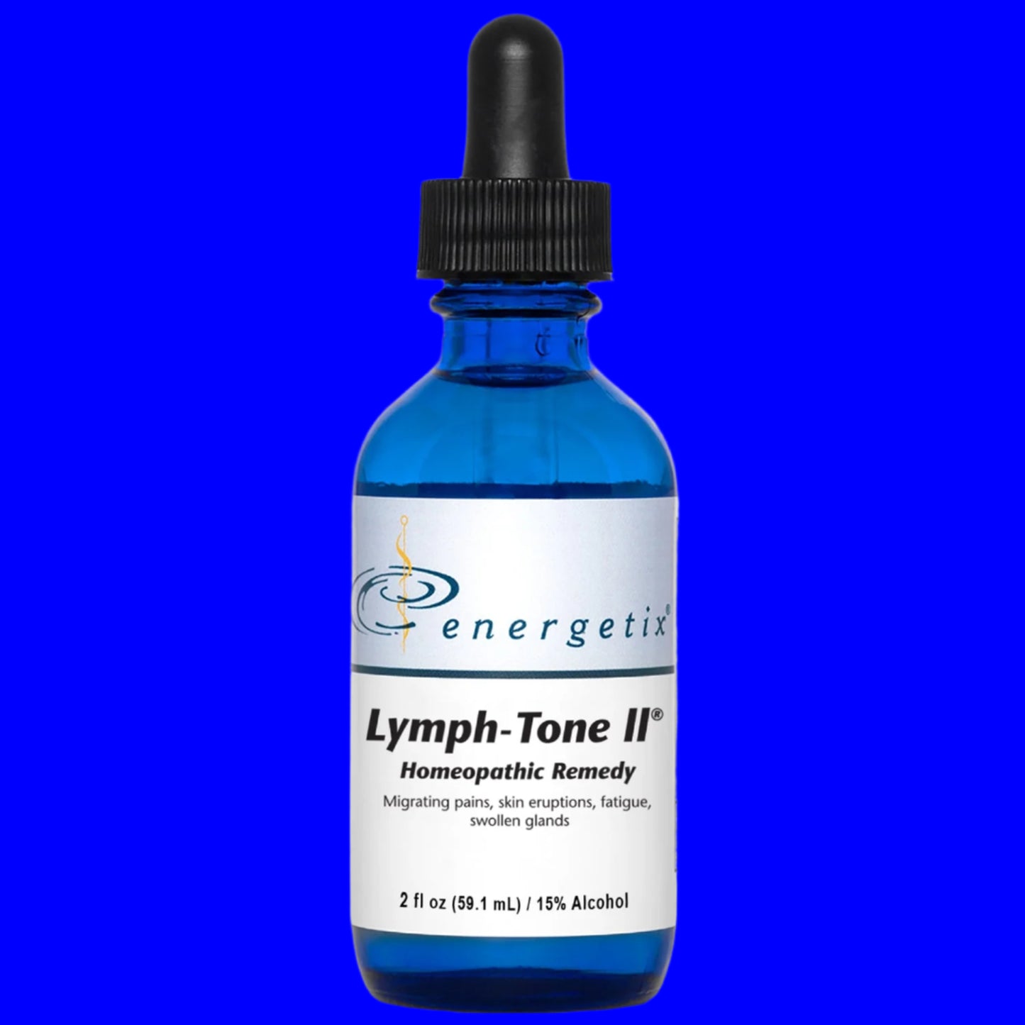 Blue dropper bottle of Energetix Lymph-Tone II on a white background