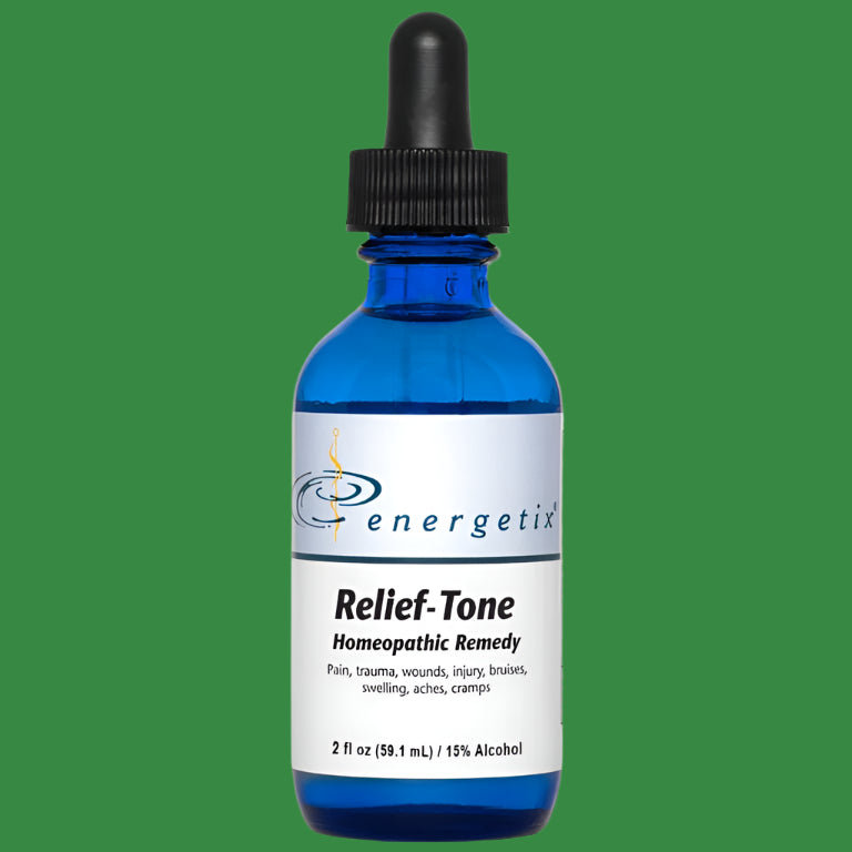 Bottle of Energetix Relief-Tone Homeopathic Remedy on a green background