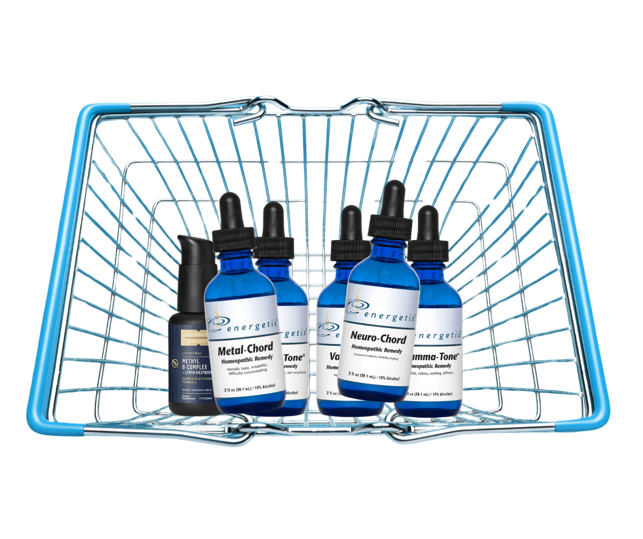 Basket with Energetix supplement bottles on a white background