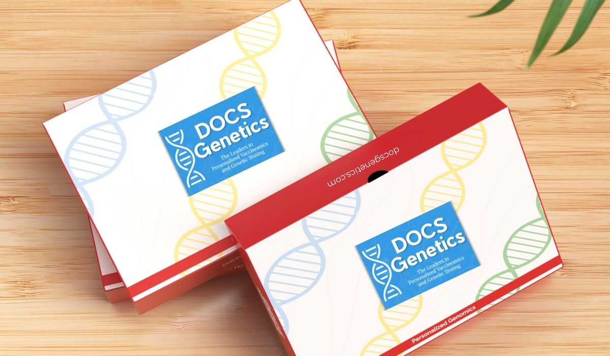 Colorful boxes with DOCS Genetics written on front stacked on a table