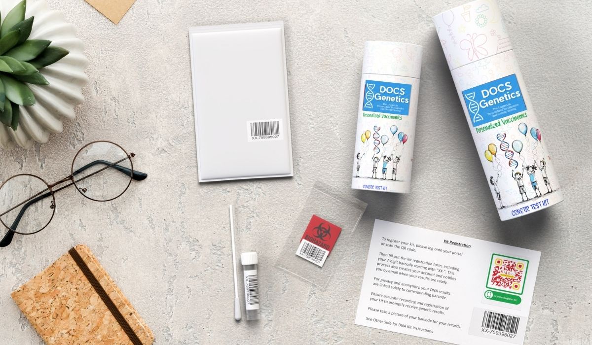 DOCs Genetics product packaging on a light gray surface with glasses and a plant.