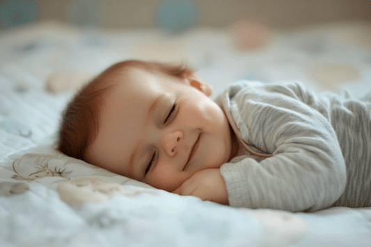 Baby smiling lying on a soft surface with a blurred background