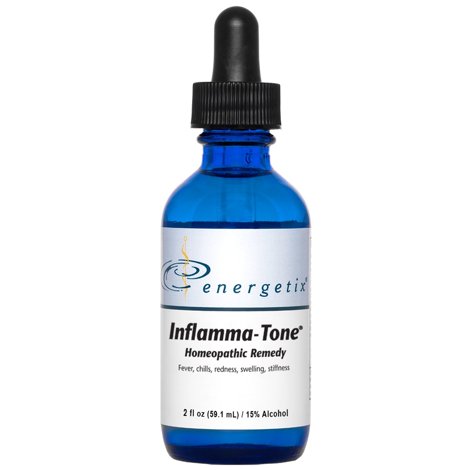 Blue bottle of energetix Inflamma-Tone homeopathic remedy on a white background