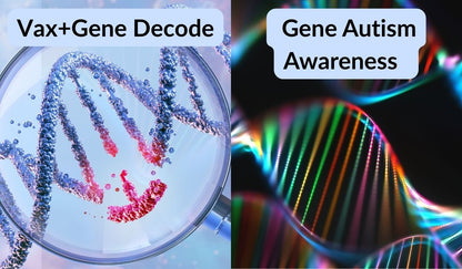 Split image featuring DNA under magnifying glass, alongside an image of a  colorful dna strand. The image includes text related to the Vax+Gene Decode and Gene Autism Awareness test kits.